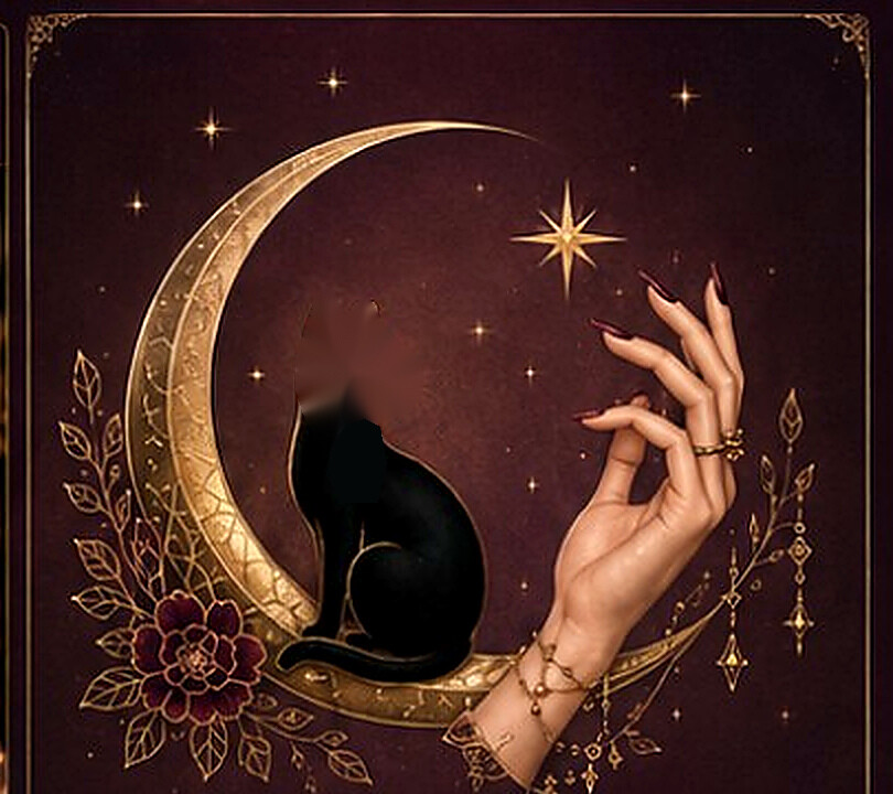 Gatto nero seduto sulla luna con mano elegante, fiori e stelle