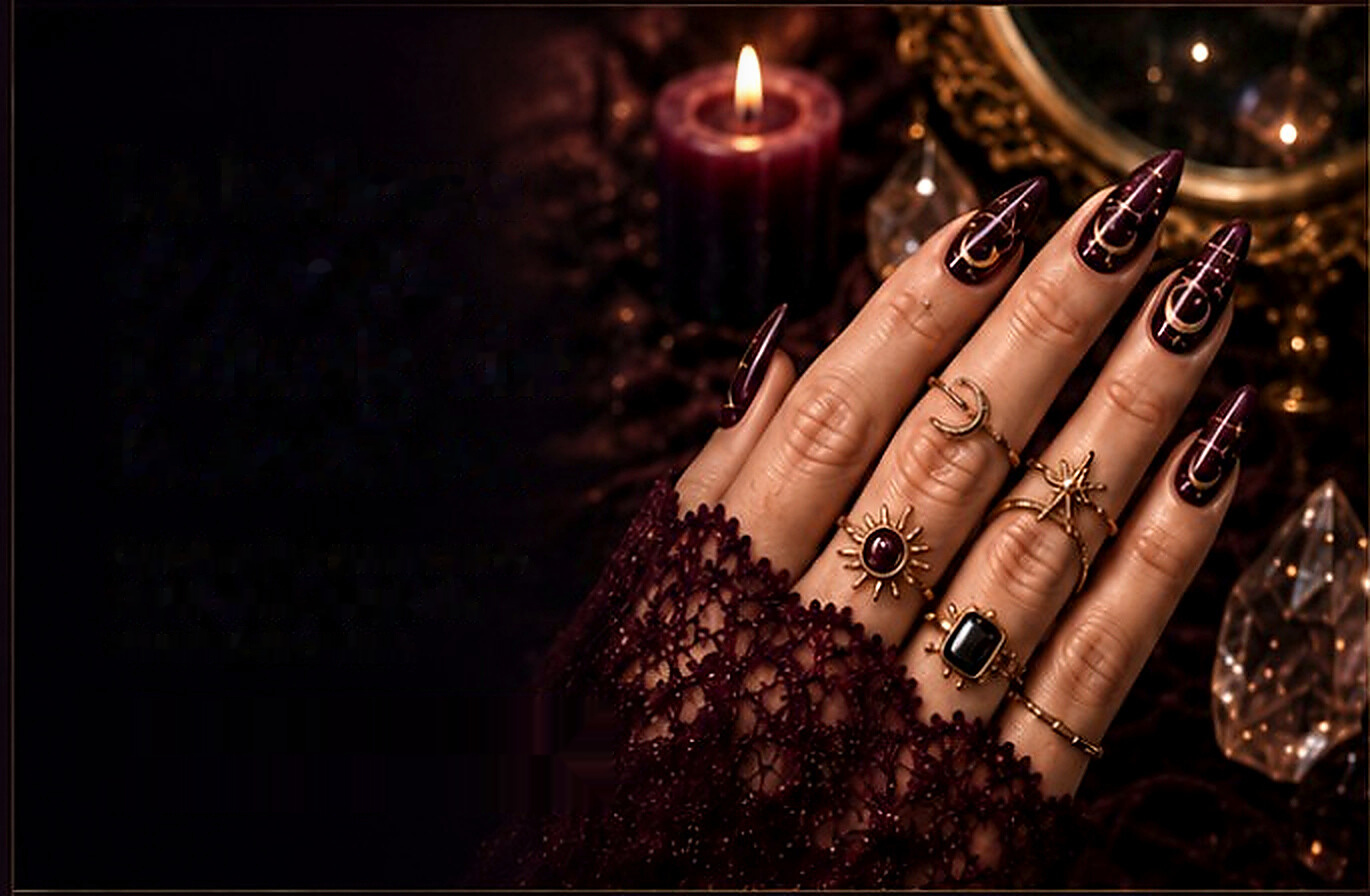 Mano con manicure bordeaux, dettagli dorati e atmosfera a lume di candela