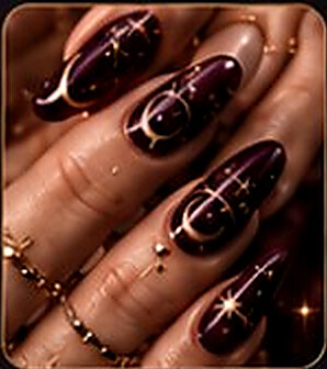 Nail art bordeaux con decorazioni dorate